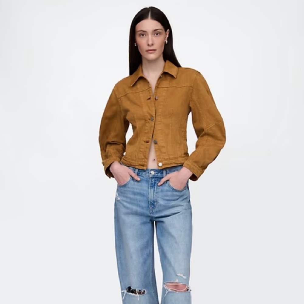 Barrel sleeve cropped denim canvas jacket shirt top - tan brown mustard Gap XS